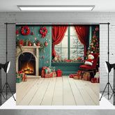 Lofaris Christmas Fireplace Sweep Photo Backdrop Cozy Room with Snowman and Gifts Teal Red Holiday Studio Prop